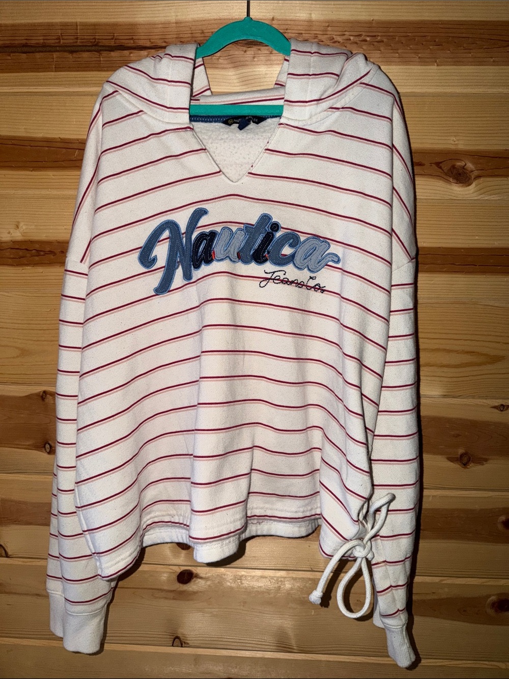 Nautica White Hooded Pullover with Red Stripes and Blue Logo